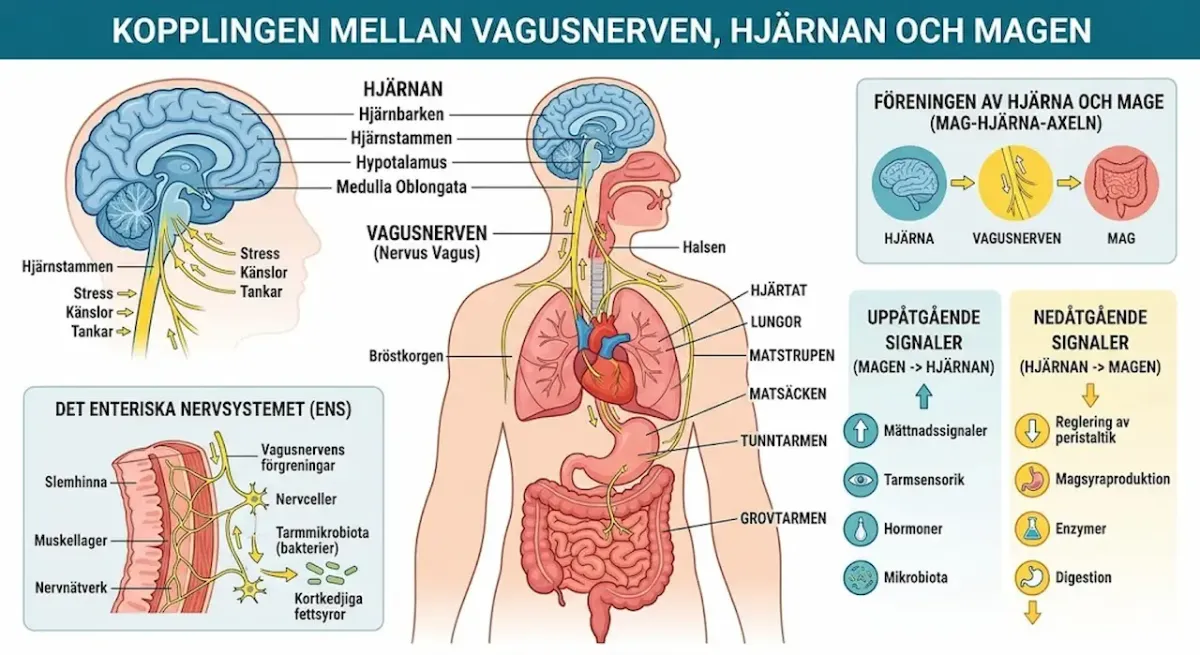 Ett medicinskt diagram på svenska som illustrerar vagusnervens anatomiska och fysiologiska kopplingar mellan hjärnan och mag-tarmkanalen