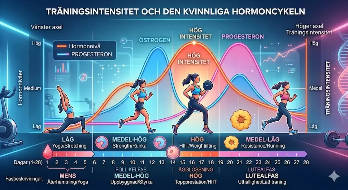 Ett diagram som visar rekommenderad träningsintensitet för kvinnor baserat på hormoncykelns olika faser (mens, follikelfas, ägglossning och lutealfas) över en 28-dagarsperiod.