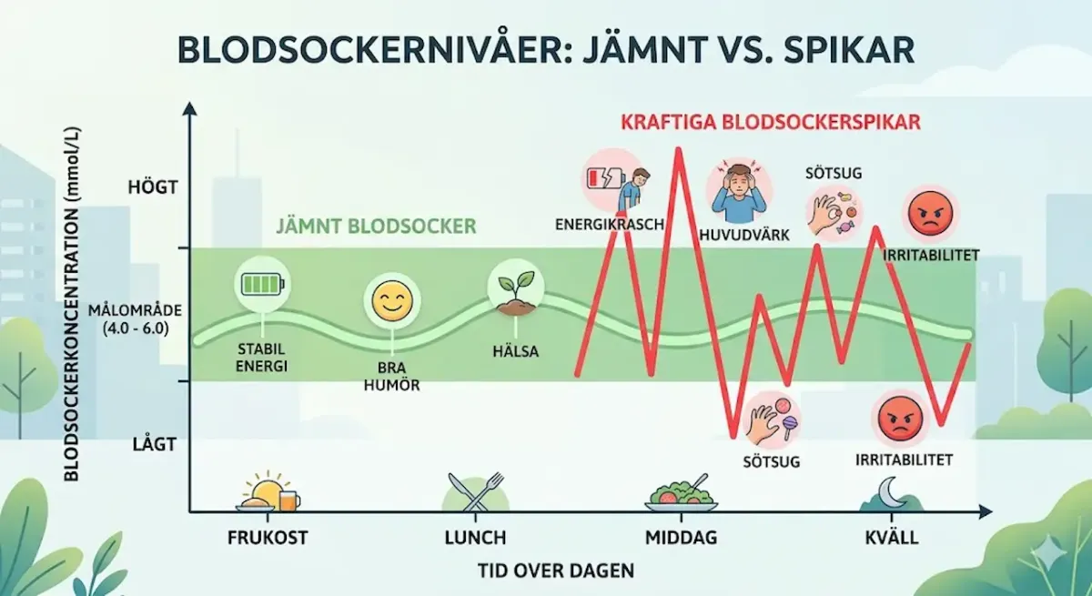 Här är en passande och kort alt-text till grafen:  "En graf som visar skillnaden över en dag mellan ett jämnt blodsocker som ger stabil energi, och kraftiga blodsockerspikar som orsakar energikraschar, sötsug och irritation."