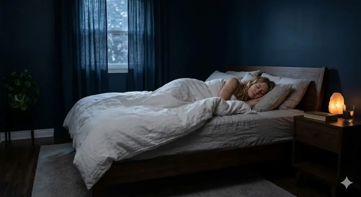 En kvinna som sover djupt och fridfullt i en säng i ett mörkt, svalt och rogivande sovrum.
