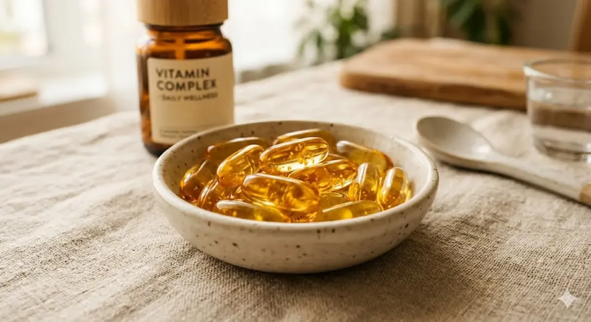 En närbild av en liten skål fylld med gyllene, flytande-fyllda vitaminkapslar (softgels) på en linneduk. I den suddiga bakgrunden syns en vitaminflaska och andra köksartiklar i varmt, naturligt ljus.