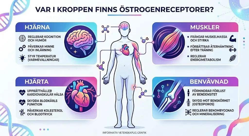 En informativ och snygg grafik som visar var i kroppen vi har östrogenreceptorer (hjärna, hjärta, muskler, benvävnad)