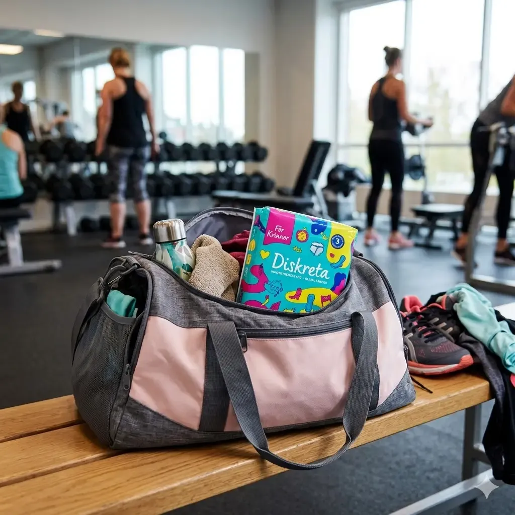 En öppen träningsväska på en bänk i ett gym, där ett färgglatt paket med texten "Diskreta Inkontinensskydd – Glada Färger" för kvinnor är tydligt synligt bland andra träningsprylar som skor, en vattenflaska och en handduk.