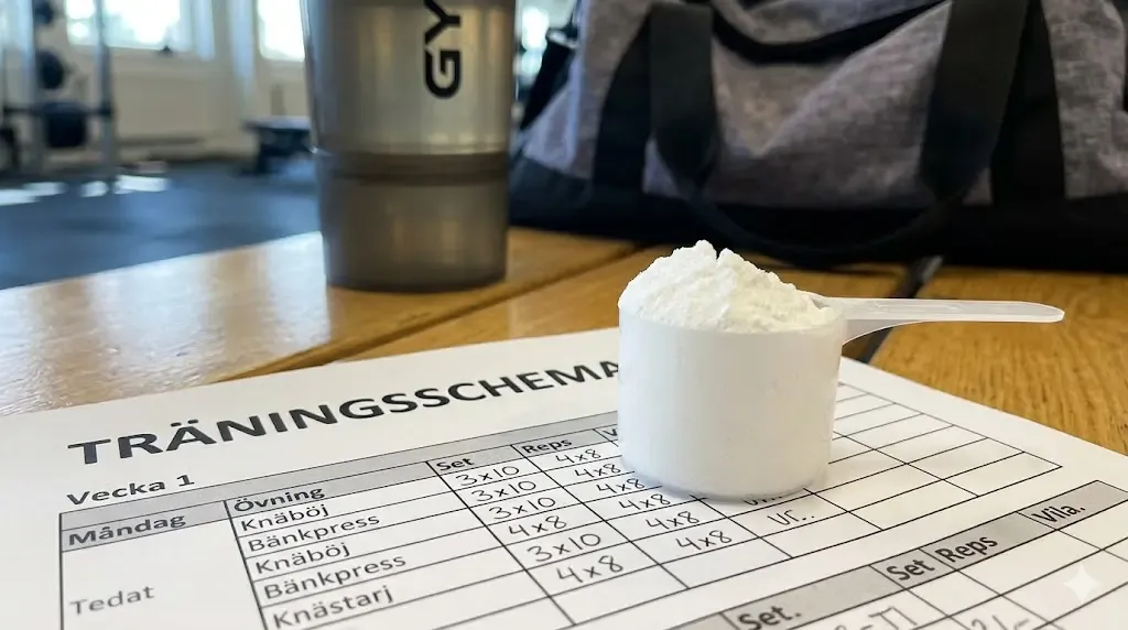 En närbild på en skopa kreatin och ett träningsschema