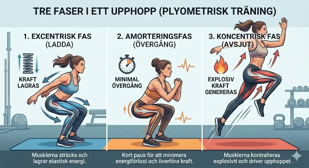 En illustrativ bild som visar de tre faserna i ett upphopp (excentrisk, amortering, koncentrisk)