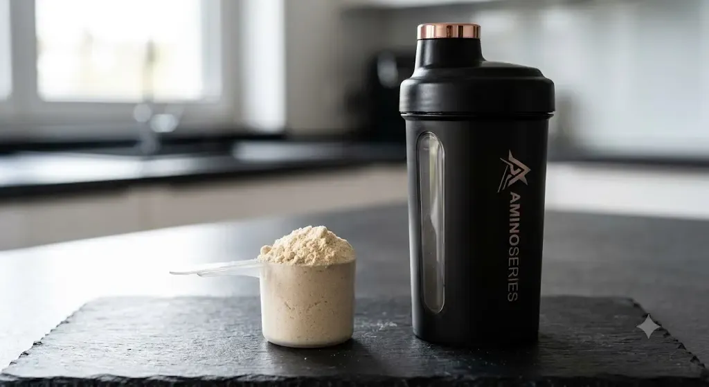 Närbild på en skopa proteinpulver eller aminosyror bredvid en snygg shake.
