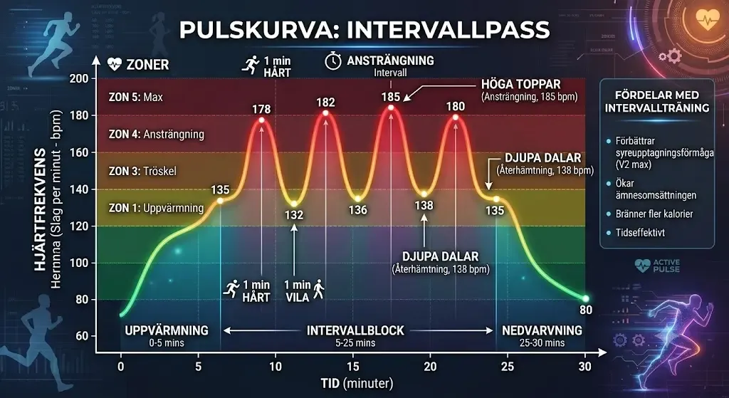 En snygg, informativ bild som visar pulskurvan under ett intervallpass – höga toppar och dalar