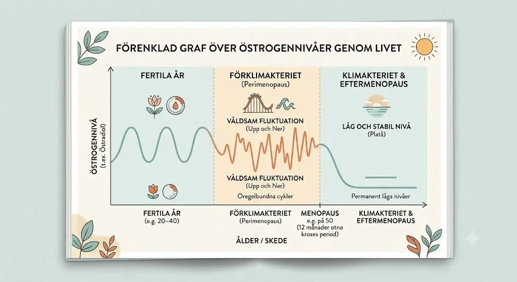 Graf över hormoner och östrogennivåer under förklimakteriet och menopaus.
