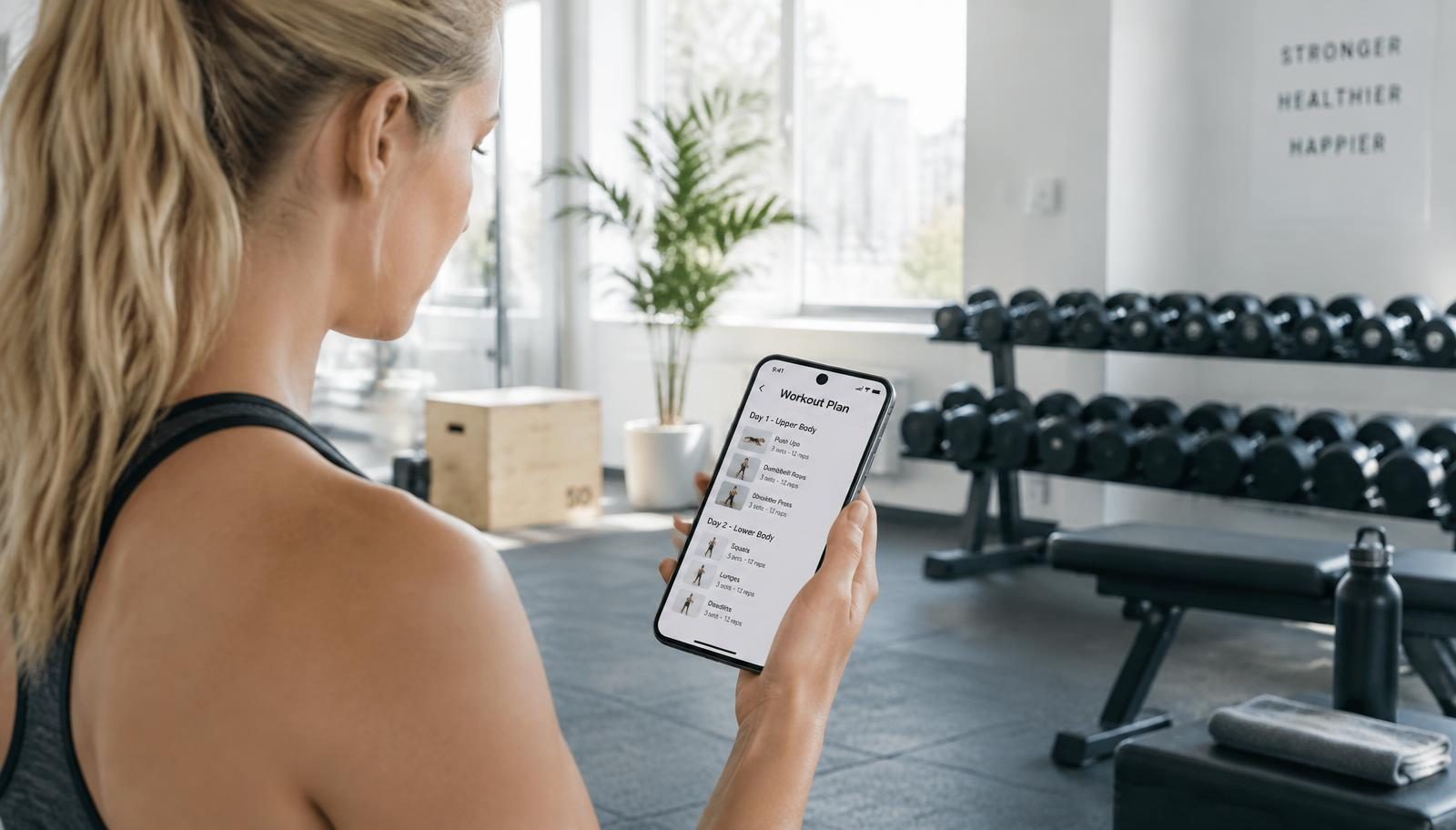 Kvinna på gym tittar på ett träningspass i mobilen