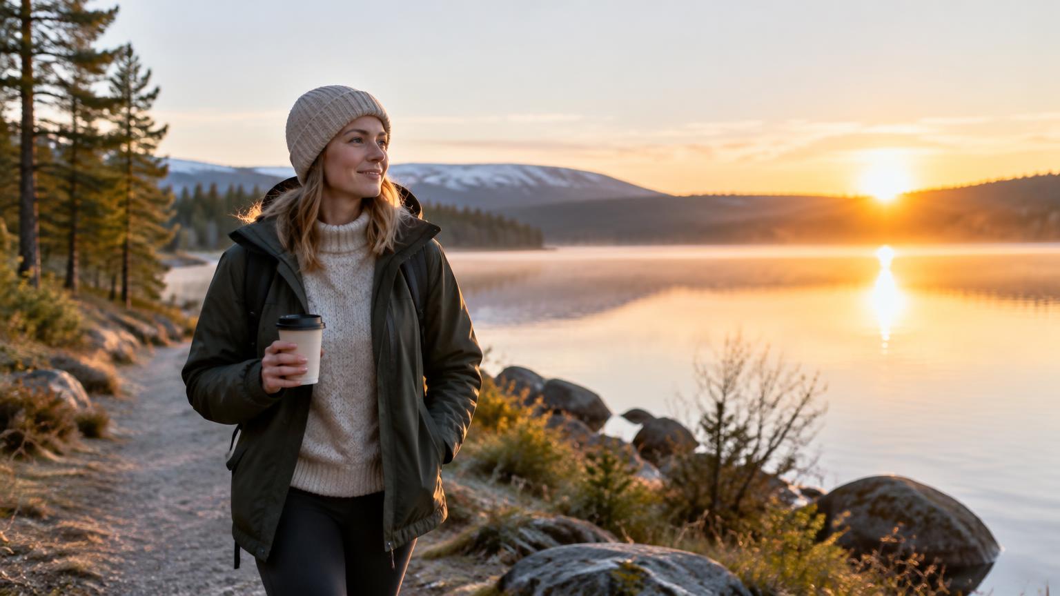 Kvinna promenerar vid en sjö i morgonljus med en kaffekopp