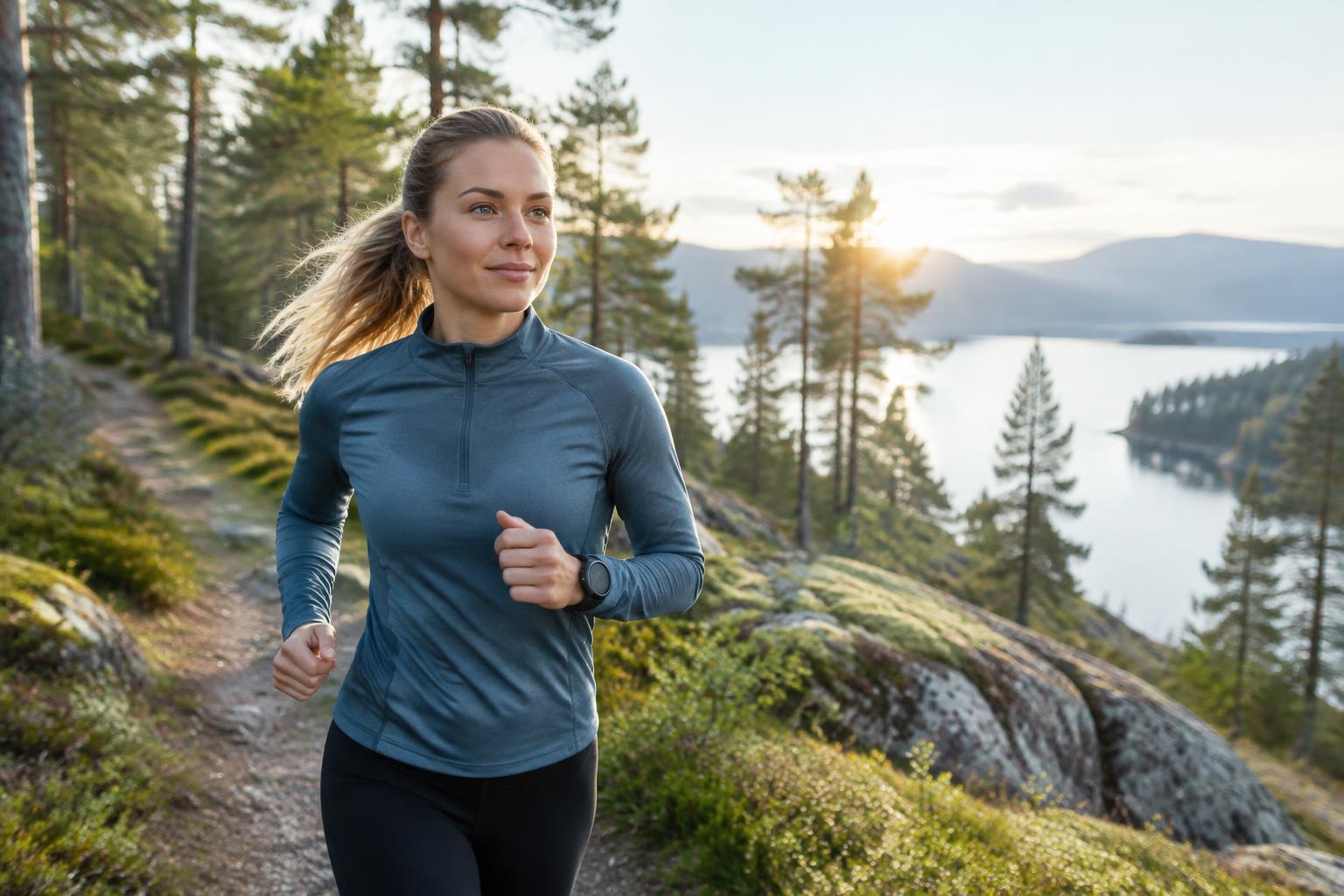 Kvinna joggar på skogsstig i morgonljus för viktnedgång