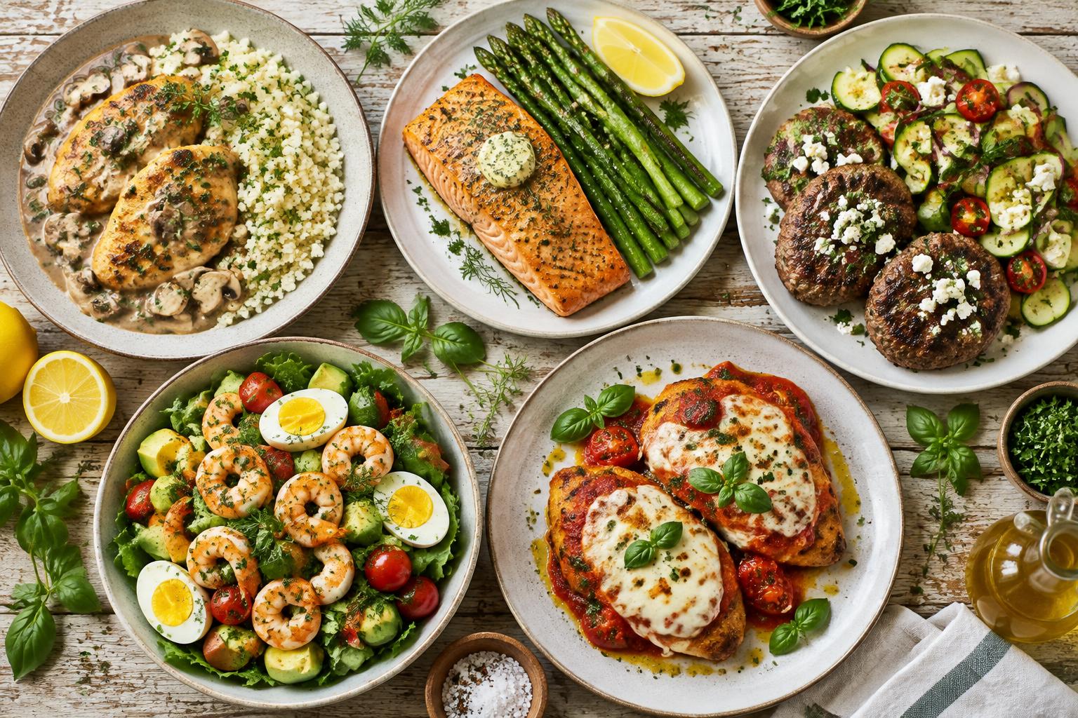 Fem kalorisnåla LCHF-middagar: kyckling i svampsås, lax med sparris, köttfärsbiffar med fetaost, räksallad och italiensk kycklinggryta
