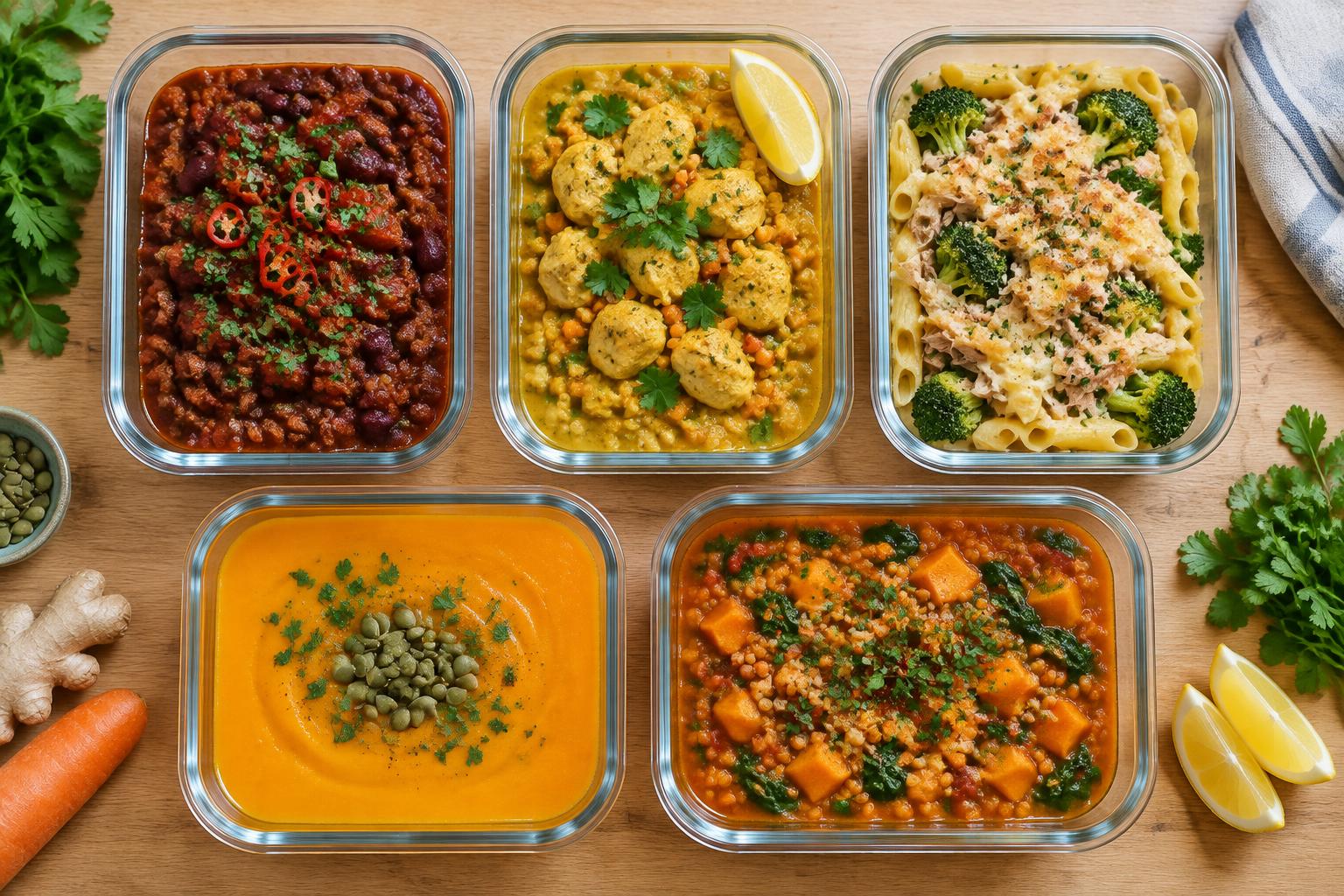 Fem matlådor med storkok: chili con carne, kycklingcurry, pastagratäng, morotssoppa och linsgryta