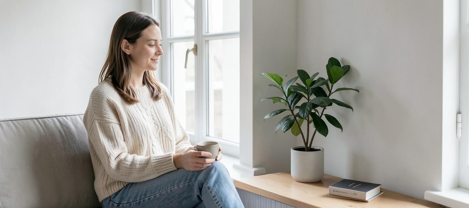 Person sitter lugnt vid ett fönster med en kopp te i ett ljust nordiskt rum