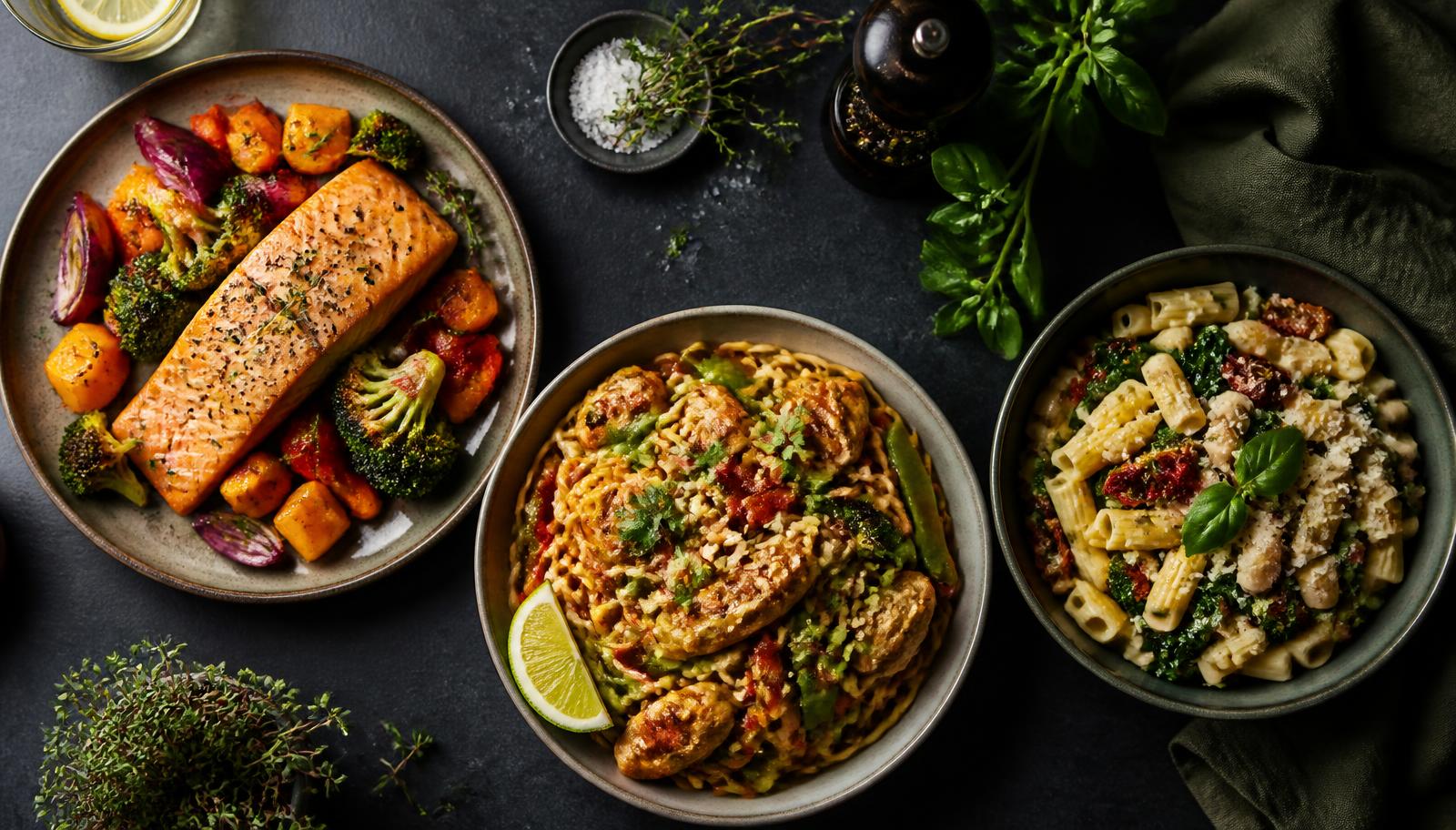 Tre nyttiga snabba middagar: ugnslax med rotfrukter, kycklingwok med nudlar och krämig pasta med kikärtor