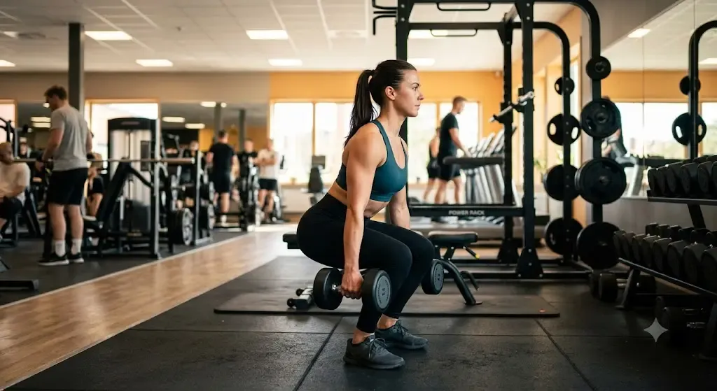 En person som utför knäböj med hantlar i ett gym