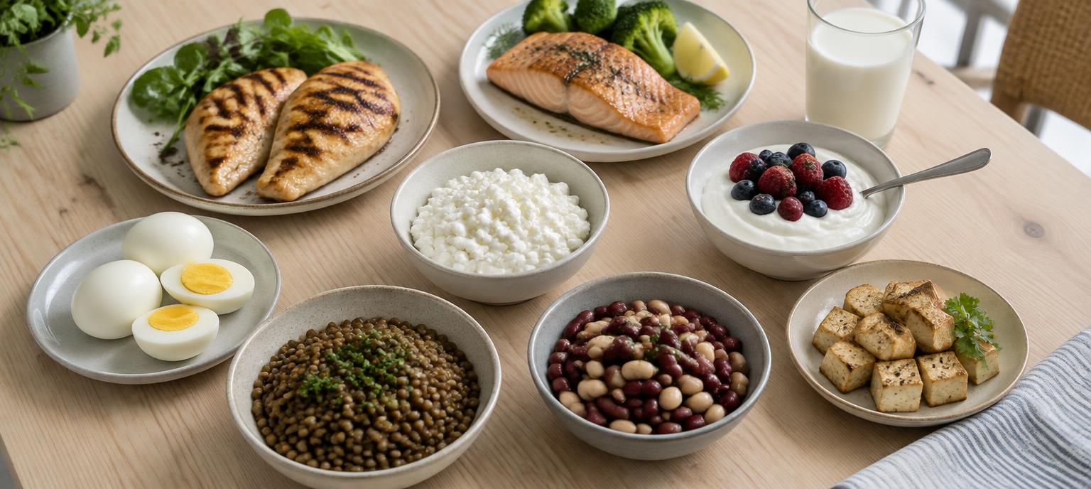 Proteinrik mat på ett köksbord: kyckling, lax, ägg, keso, linser, bönor, tofu och yoghurt med bär