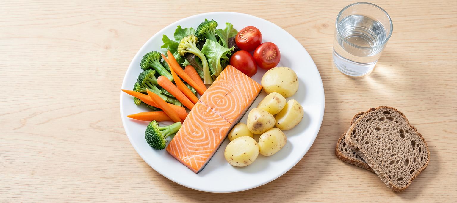 Tallrik uppdelad enligt tallriksmodellen med grönsaker, lax och potatis, serverad med vatten och fullkornsbröd